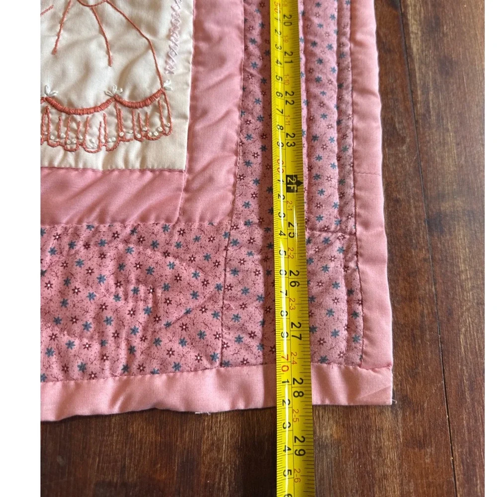 Vintage Pristine Handmade Baby Crib Quilt, Pink Embroidered Nursery Heirloom